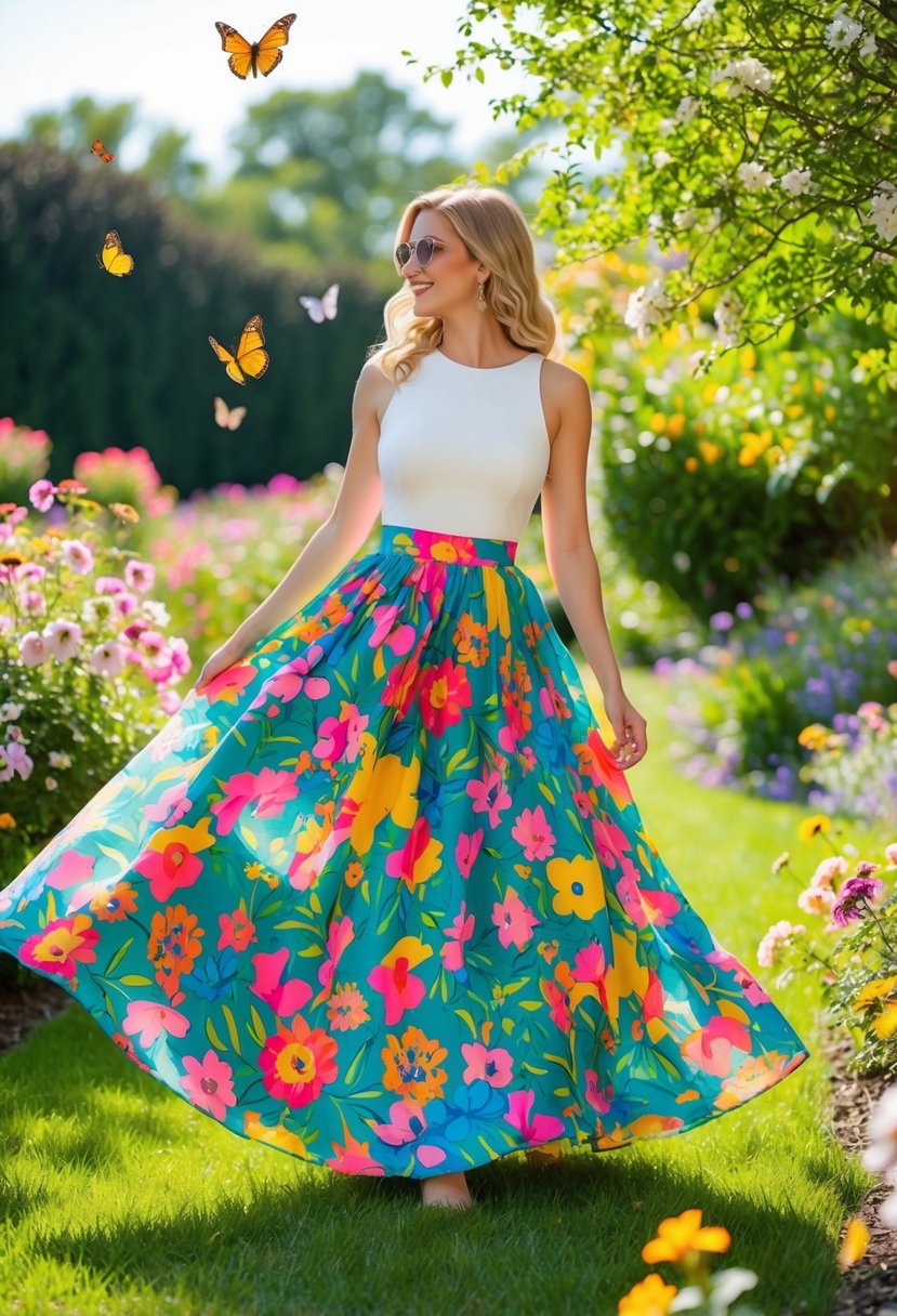A vibrant floral-printed maxi skirt twirls in a sun-dappled garden, surrounded by blooming flowers and fluttering butterflies