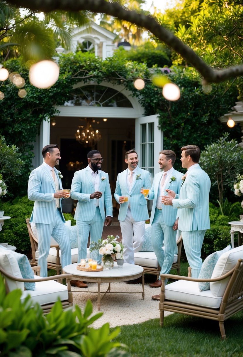 A group of men in seersucker suits socializing in a lush garden setting with elegant decor and refreshments