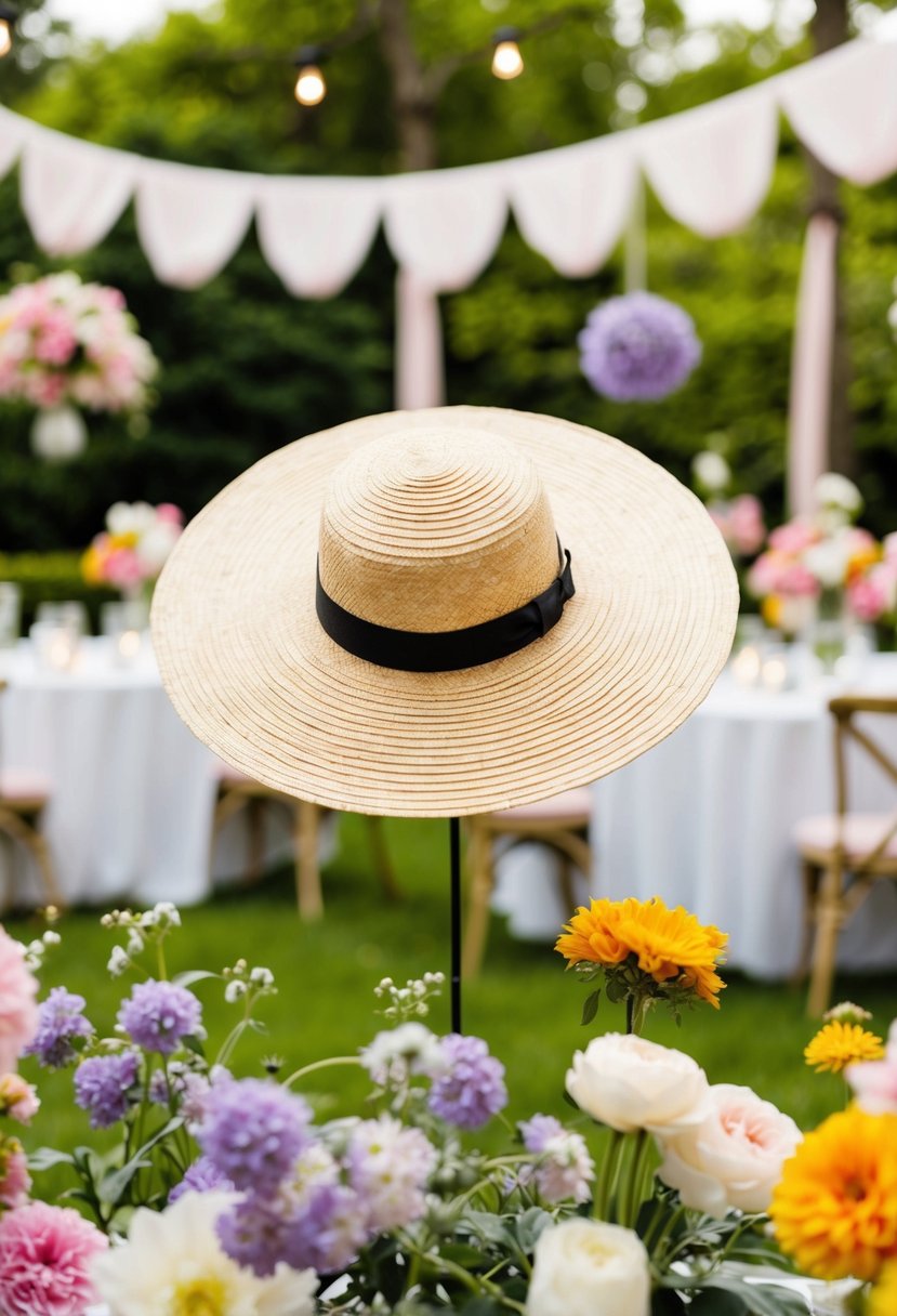 A garden party scene with a stylish wide-brim straw hat as the focal point, surrounded by blooming flowers and elegant outdoor decor