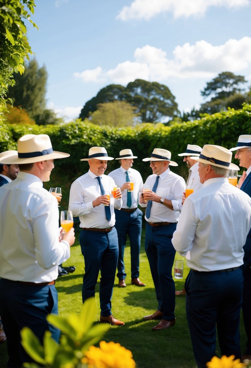 Men in Panama hats and formal attire gather in a garden party, sipping drinks and chatting under a sunny sky with lush greenery