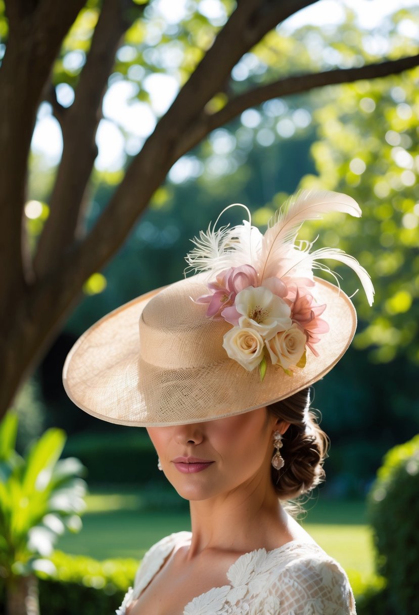 A woman's elegant sinamay hat adorned with flowers and feathers, set amidst a lush garden with dappled sunlight filtering through the trees