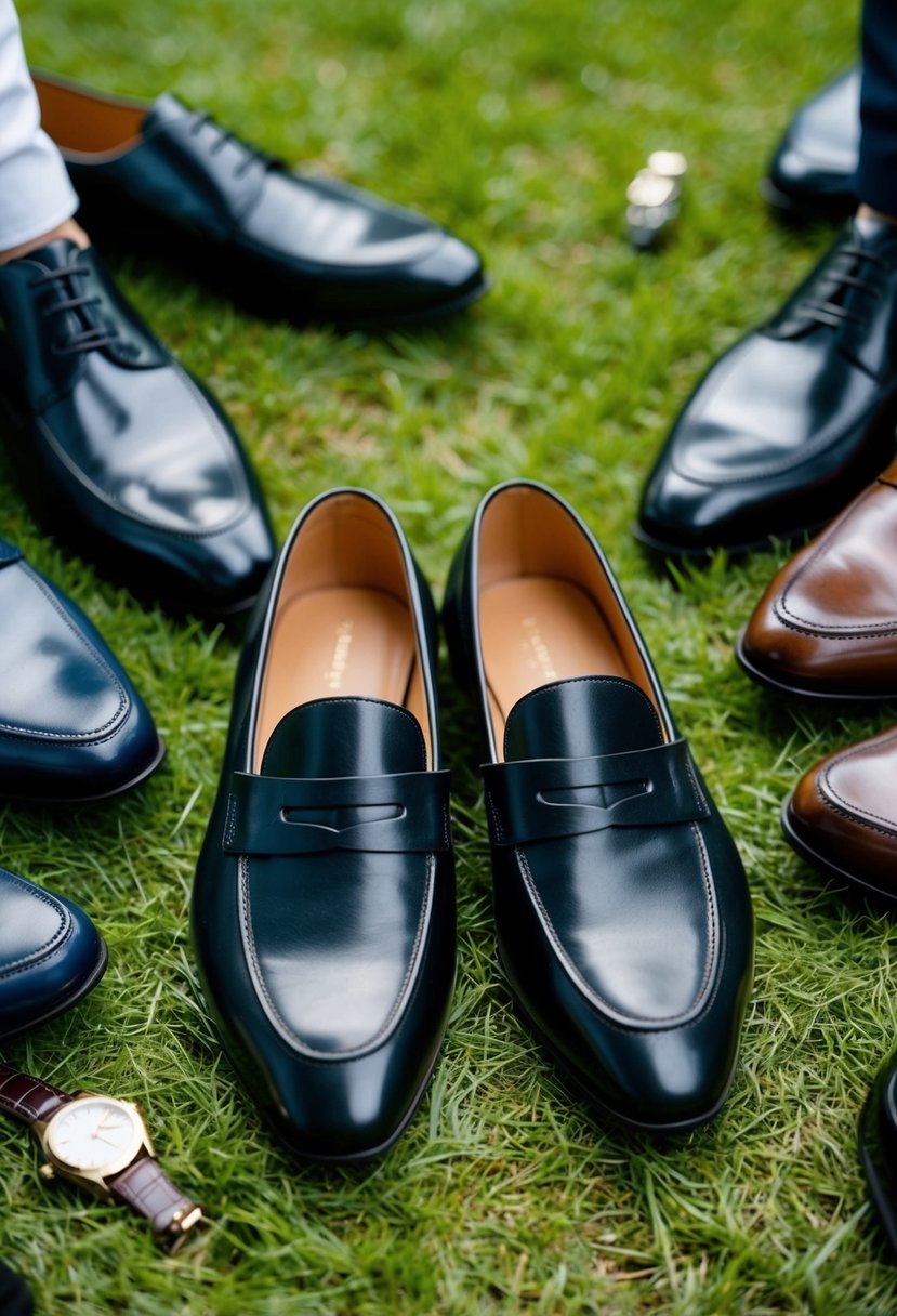 A pair of loafers with no-show socks placed on a grassy garden party setting, surrounded by other men's formal wear items