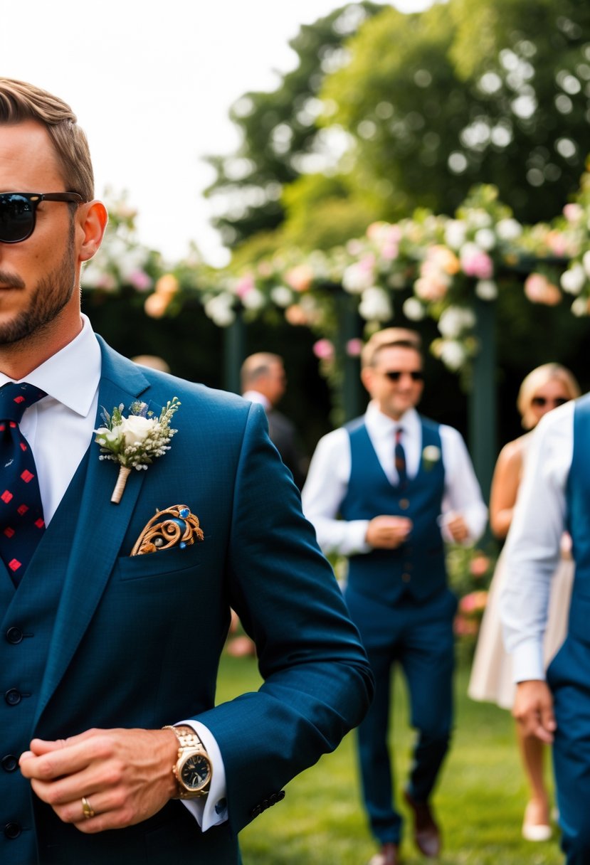 A garden party scene with men in formal wear, featuring pocket squares and elegant accessories