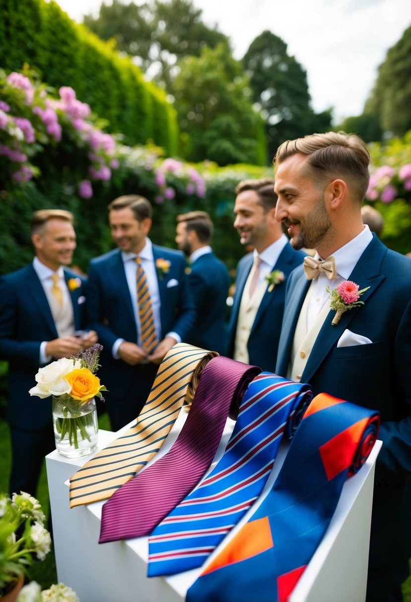 A garden party with men in formal wear, featuring a vibrant display of silk ties in various colors and patterns