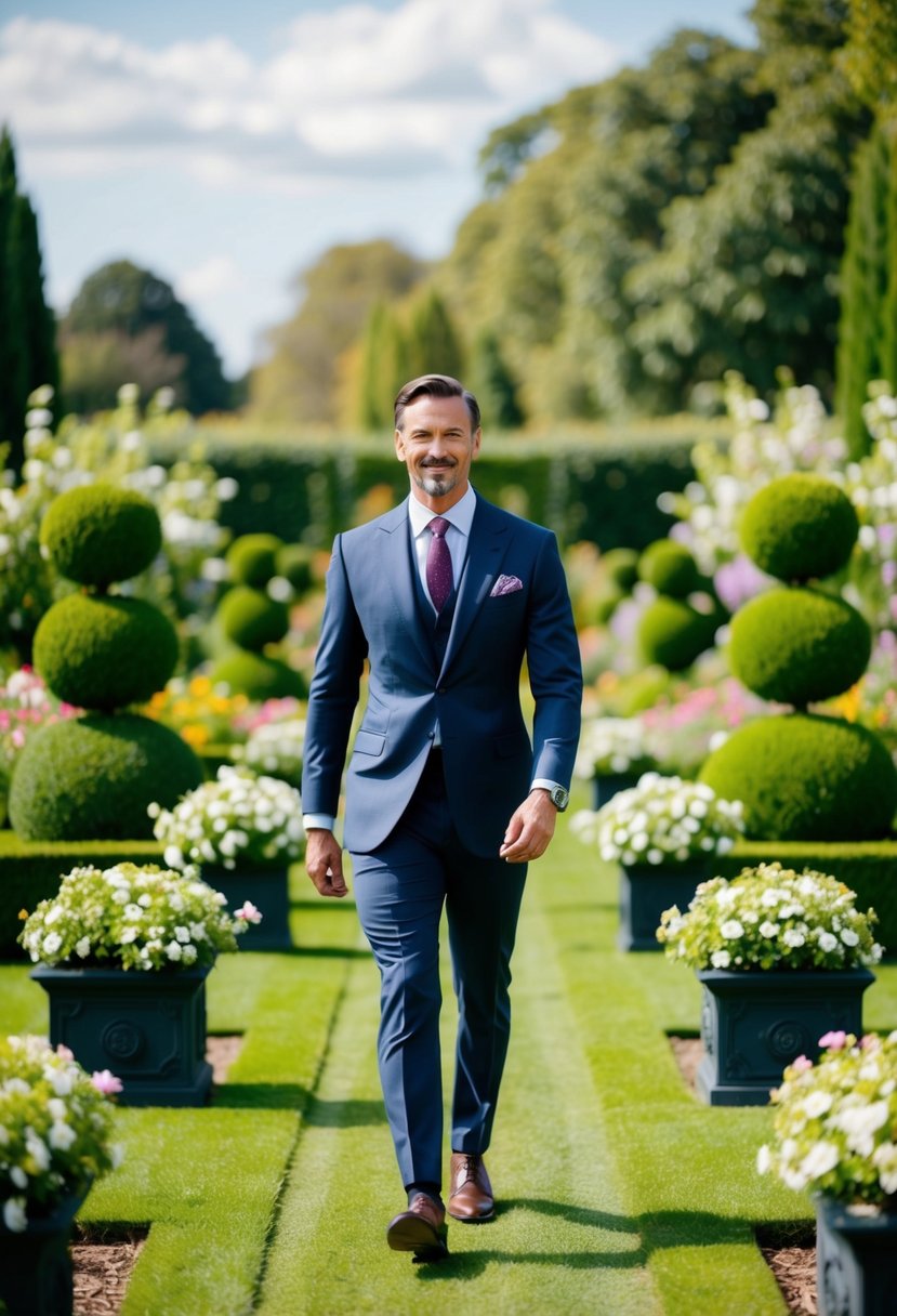 A well-groomed man in a tailored suit and dress watch strolls through a lush garden filled with blooming flowers and elegant topiaries