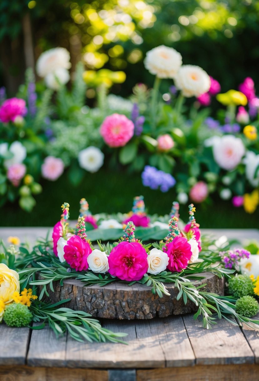 A vibrant floral crown sits atop a rustic wooden table surrounded by lush greenery and blooming flowers, creating a whimsical garden party ambiance