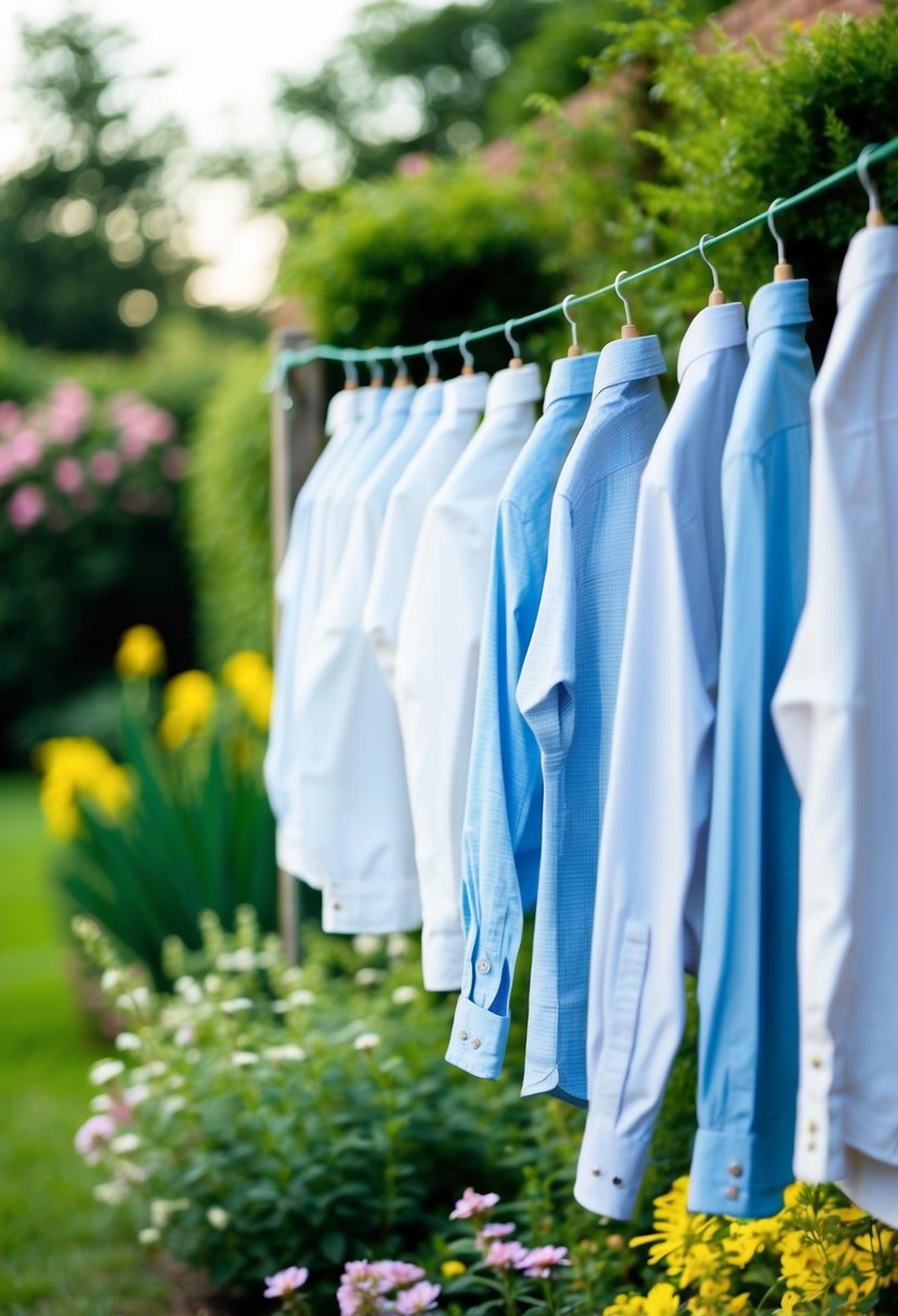 A row of button-down shirts hanging on a clothesline in a garden with blooming flowers and greenery, suggesting a men's formal wear idea for a garden party