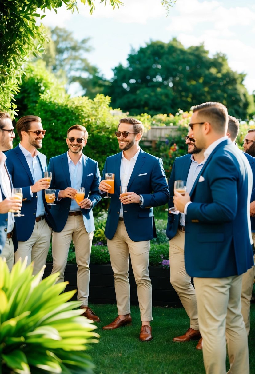 A group of men in chinos and blazers socialize in a lush garden setting, sipping drinks and enjoying a sunny afternoon