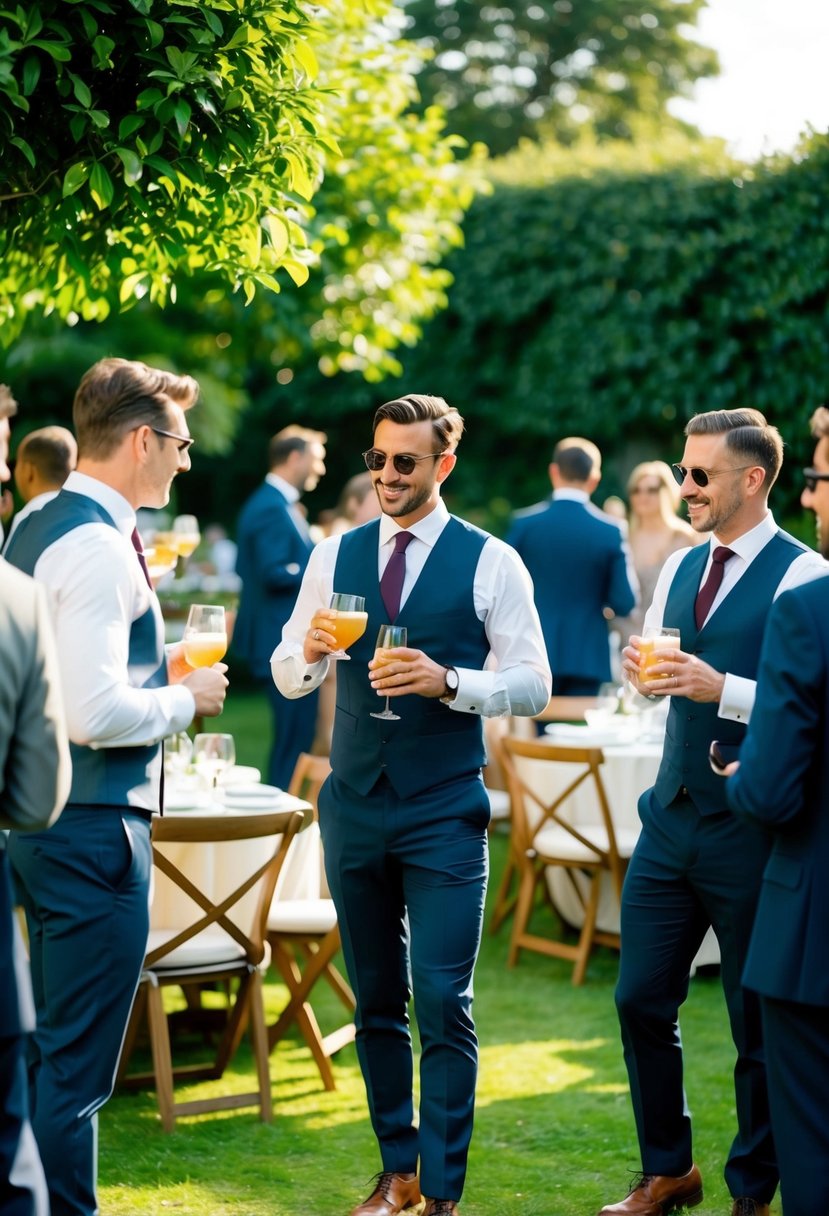 A garden party scene with men in formal wear, wearing brogues, sipping drinks and chatting in a lush garden setting