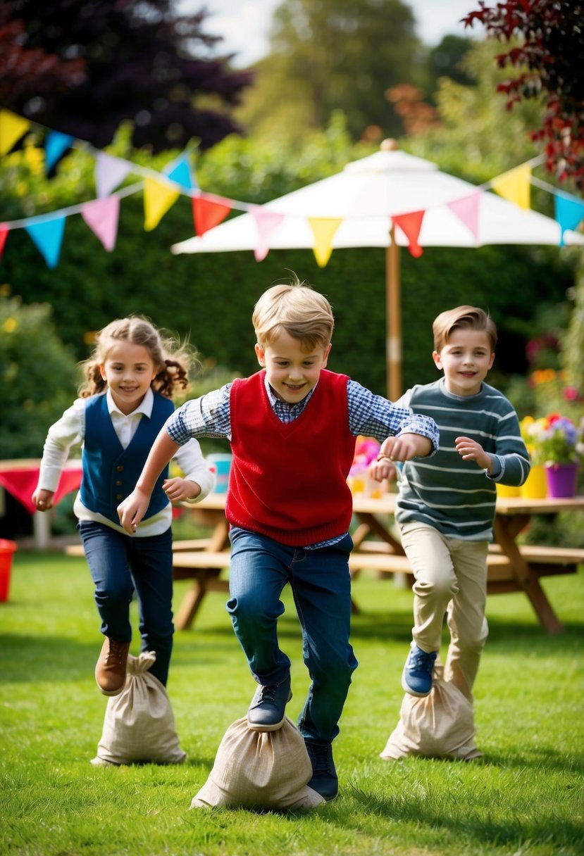 Children hopping in potato sacks across a lush garden, colorful bunting and picnic tables in the background