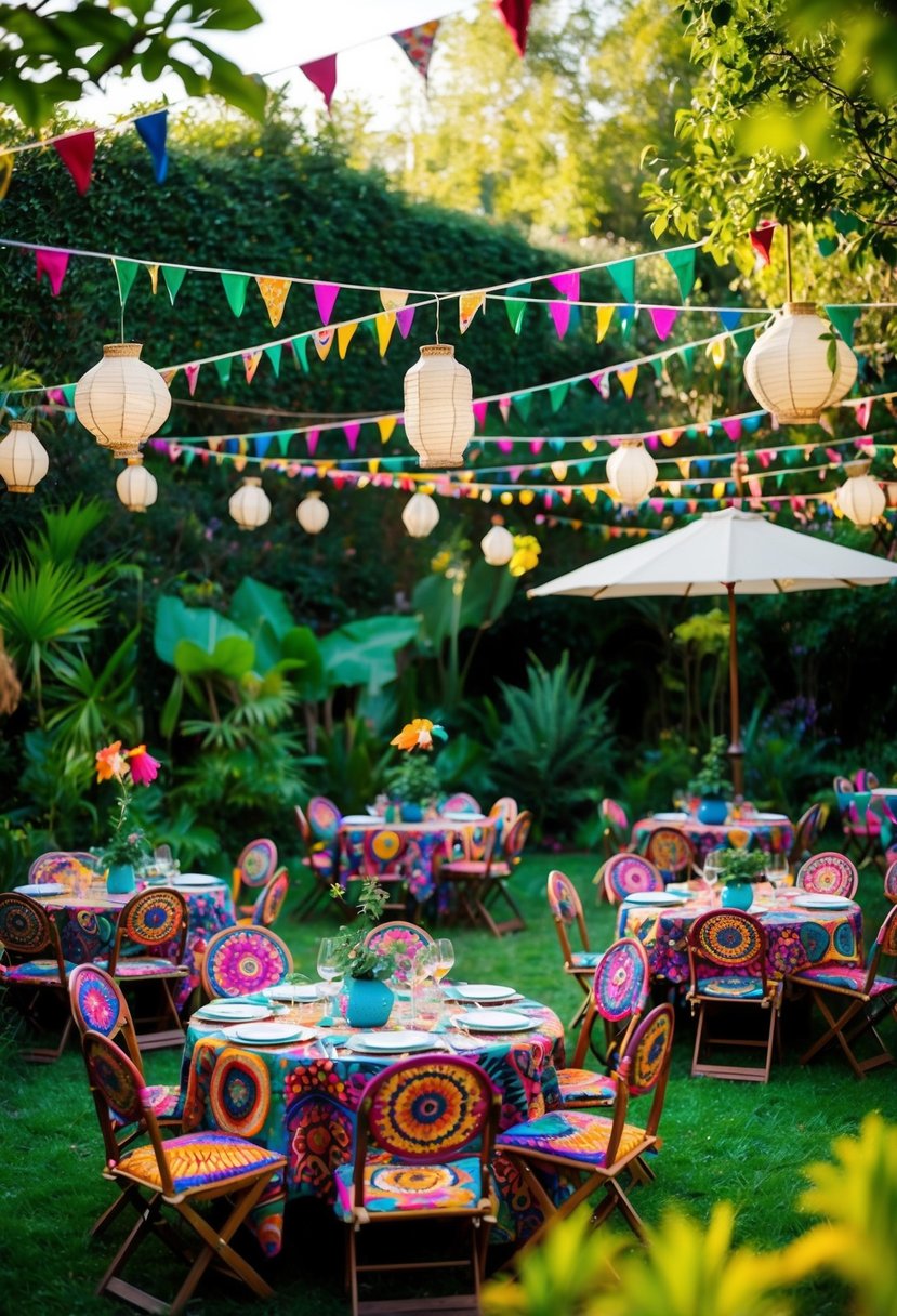 A lush garden with vibrant, eclectic patterns adorning tables, umbrellas, and hanging lanterns, creating a bohemian chic atmosphere for a party invitation design