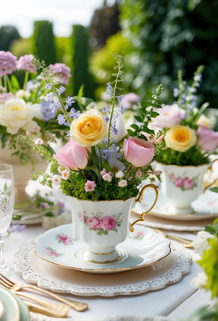 A vintage teacup arrangement adorns a garden table, surrounded by delicate flowers and foliage, evoking a charming and elegant garden party setting