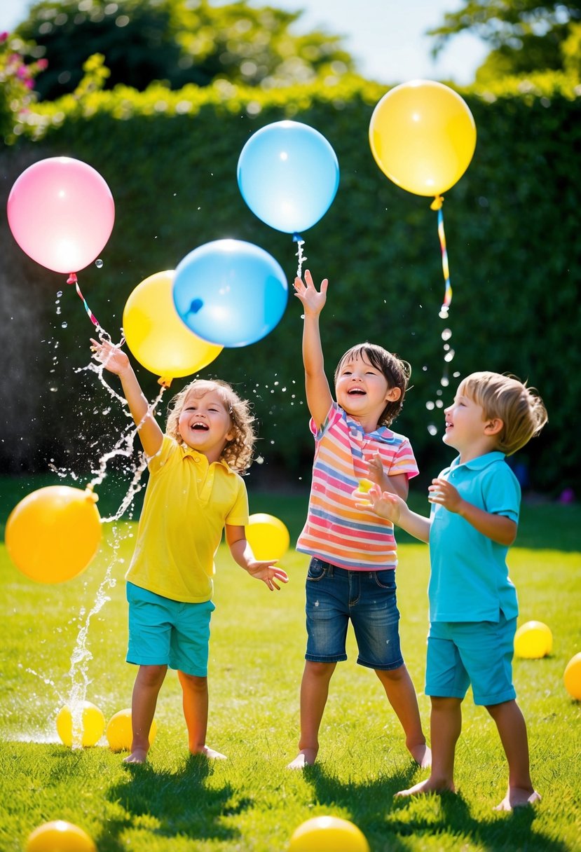 Children play water balloon toss in a sunny garden, laughing and splashing as they toss brightly colored balloons back and forth