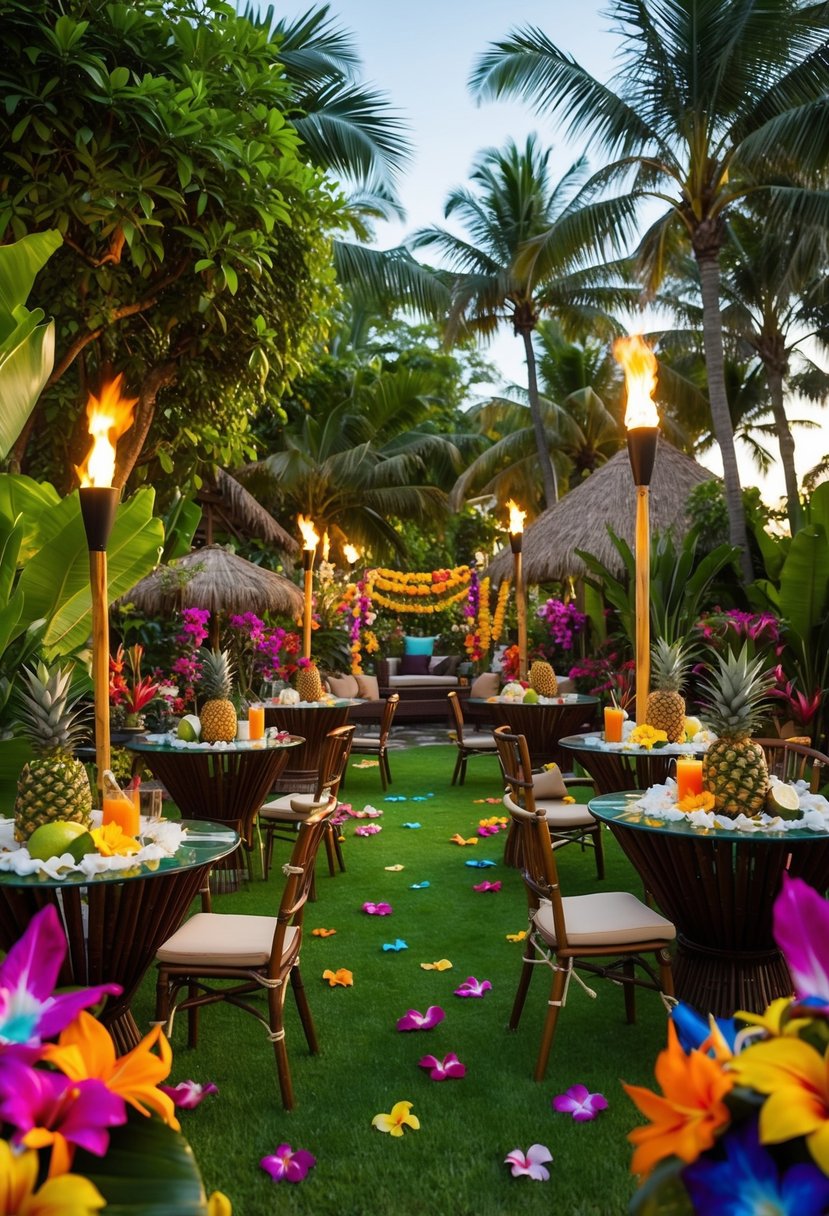 A lush garden filled with vibrant tropical flowers, palm trees, tiki torches, and colorful leis scattered around. Tables are adorned with coconuts, pineapples, and exotic drinks