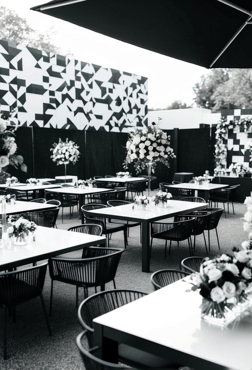 A sleek black and white garden party with geometric patterns, modern furniture, and monochrome floral arrangements
