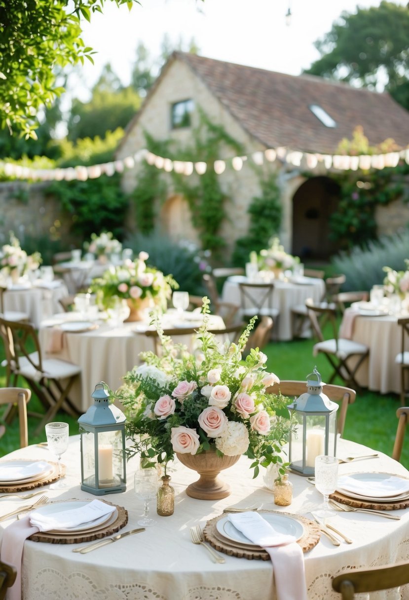 A charming rustic farmhouse garden adorned with elegant floral arrangements, vintage lanterns, and delicate lace tablecloths for an enchanting garden party