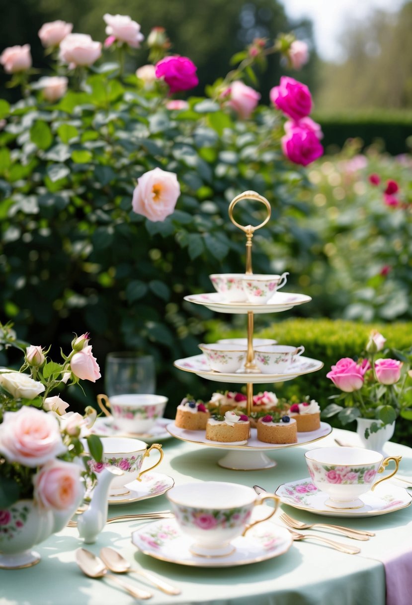 An English garden tea party with floral table settings, vintage teacups, and a tiered cake surrounded by blooming roses and lush greenery