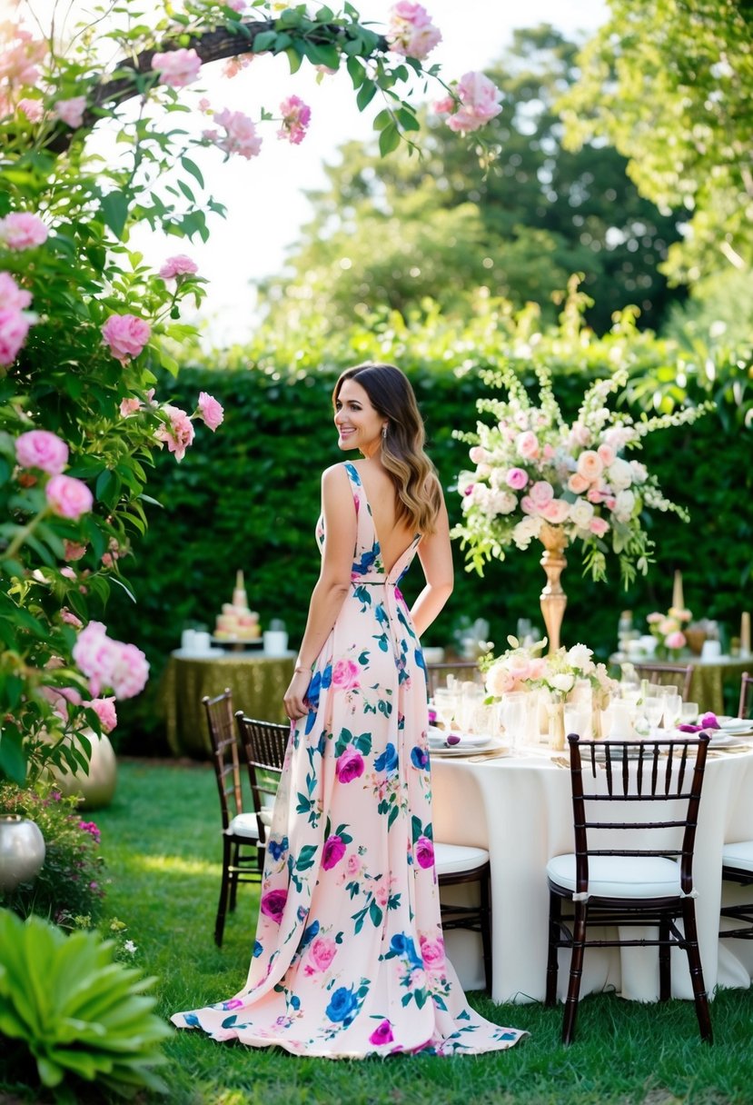 A lush garden with blooming flowers, a flowing floral maxi dress, and a table set for a party with elegant decorations and refreshments