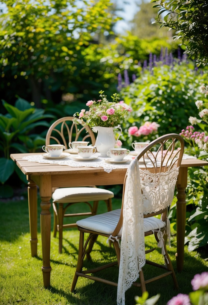 A sun-drenched garden with a wooden table set with vintage teacups, surrounded by lush greenery and blooming flowers, with a boho chic lace sundress draped over a chair