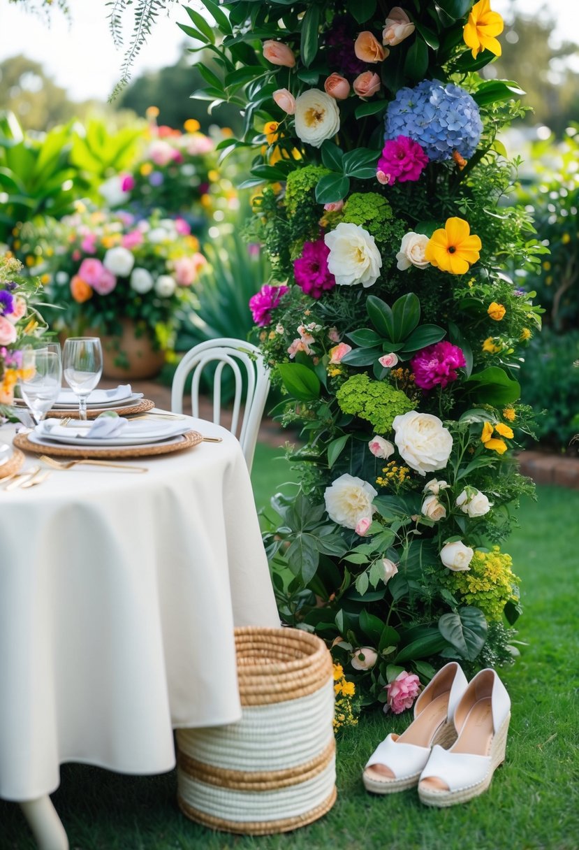 A lush garden setting with a colorful array of flowers and foliage, featuring a table adorned with elegant tableware and a pair of stylish espadrille wedges placed nearby