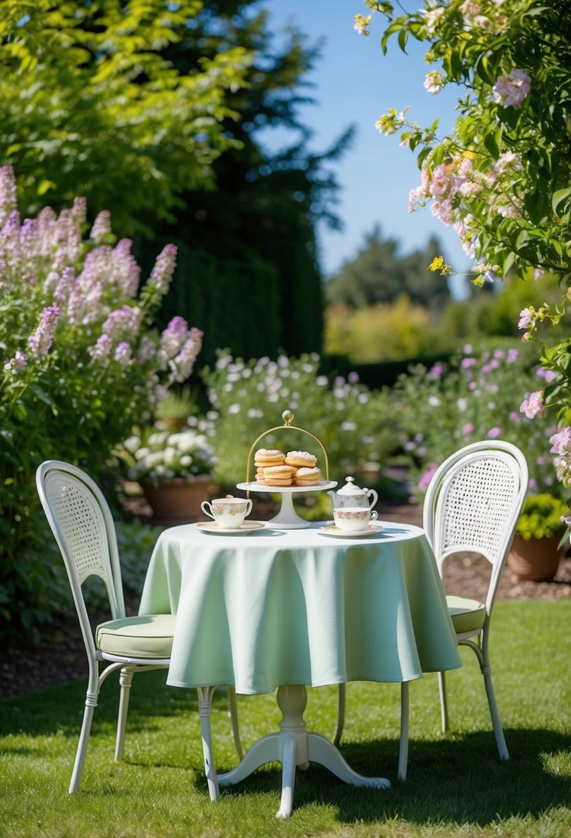 A sunny garden with blooming flowers, a quaint table set with tea and pastries, and a gentle breeze lifting the hem of a pastel A-line skirt