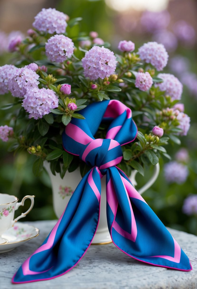 A silk scarf is tied around a blooming flower bush, with a dainty teacup and saucer nearby