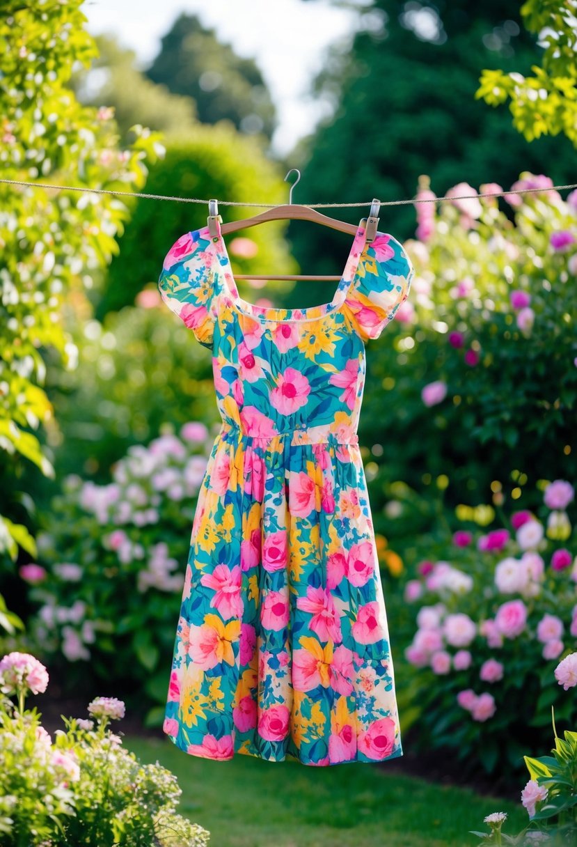 A lush garden setting with a colorful floral sundress hanging on a vintage clothesline, surrounded by blooming flowers and greenery