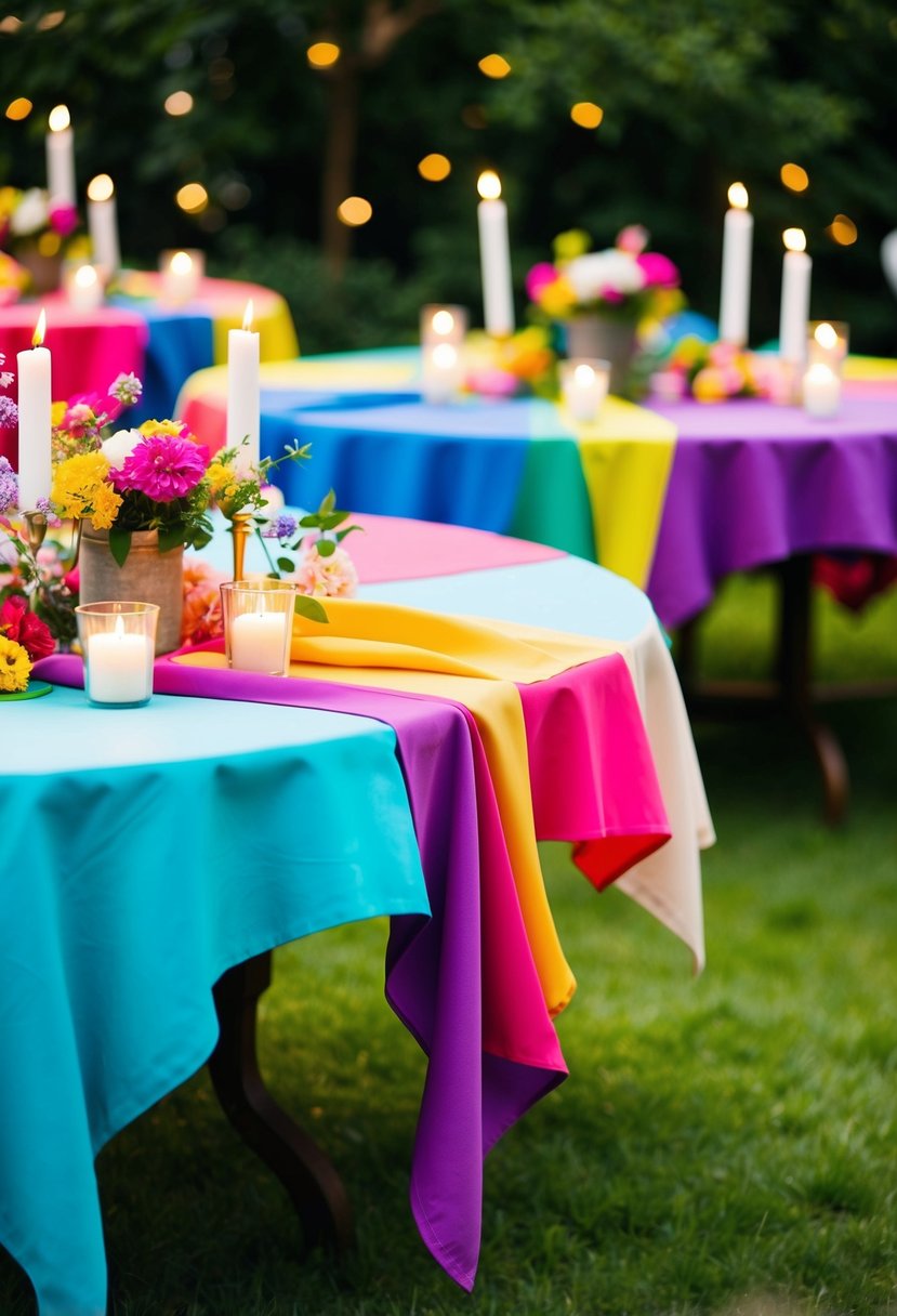 Colorful tablecloths draped over outdoor tables with flowers and candles as simple garden party decorations