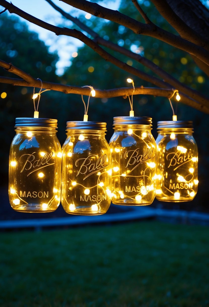 Mason jars filled with fairy lights hang from tree branches in a garden at dusk