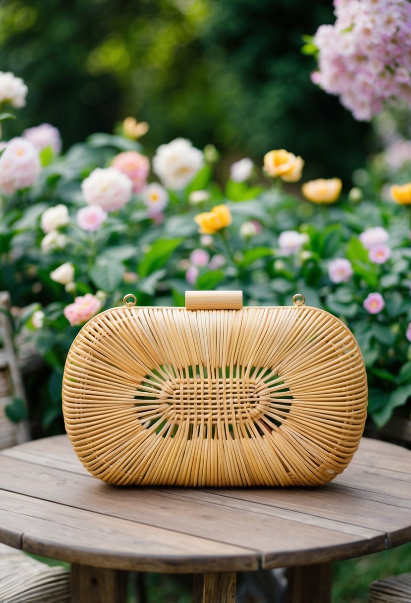 A rattan clutch sits on a wooden table surrounded by blooming flowers and green foliage, with a soft breeze blowing through the garden