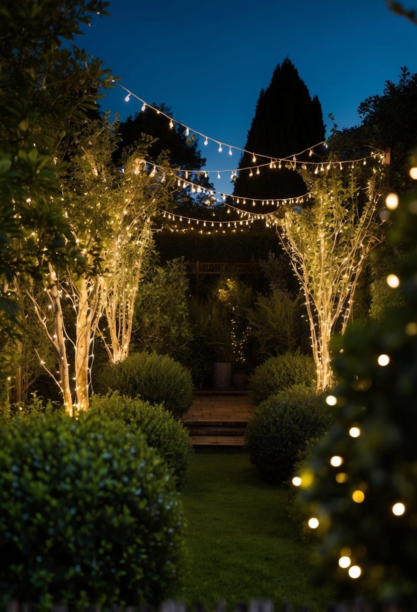 A garden at night with fairy lights weaving through trees and bushes, creating a magical and whimsical atmosphere for a party