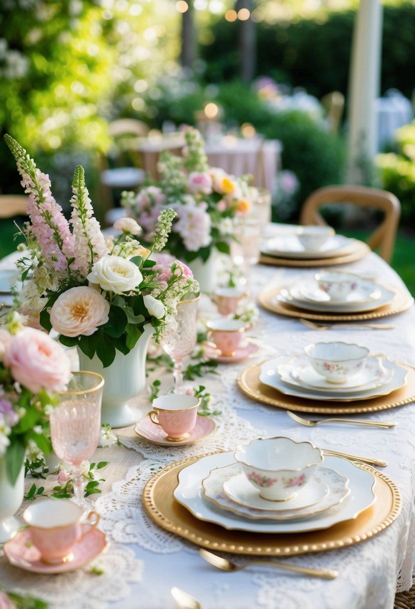 A garden party table adorned with vintage lace tablecloths, delicate floral centerpieces, and dainty tea sets
