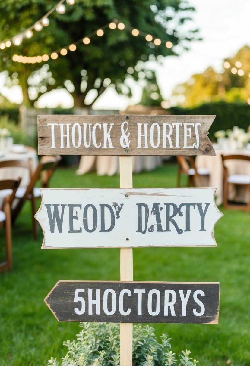 A garden adorned with weathered wooden signs, adding a rustic touch to the outdoor party decor