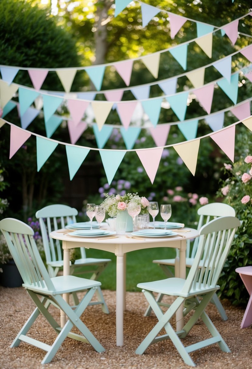 A garden adorned with pastel bunting, creating a whimsical and charming atmosphere for a party