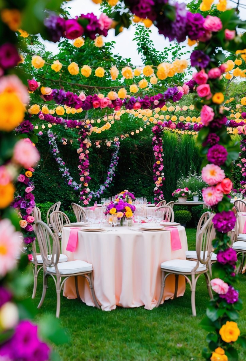 A garden adorned with vibrant floral garlands, creating a whimsical and enchanting atmosphere for a garden party