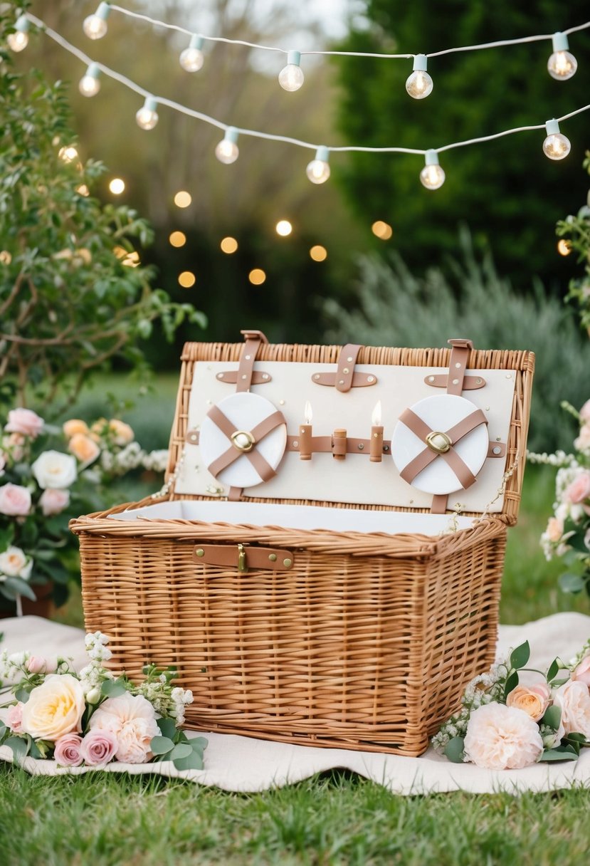 A wicker picnic basket surrounded by blooming flowers and greenery, with soft pastel-colored decorations and delicate string lights overhead