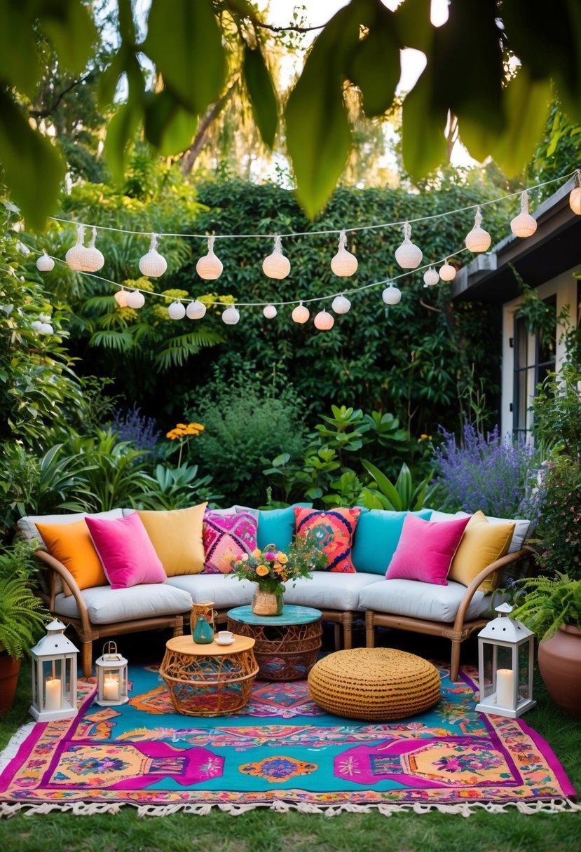 A lush garden adorned with colorful bohemian outdoor rugs, lanterns, and cozy seating for a whimsical garden party