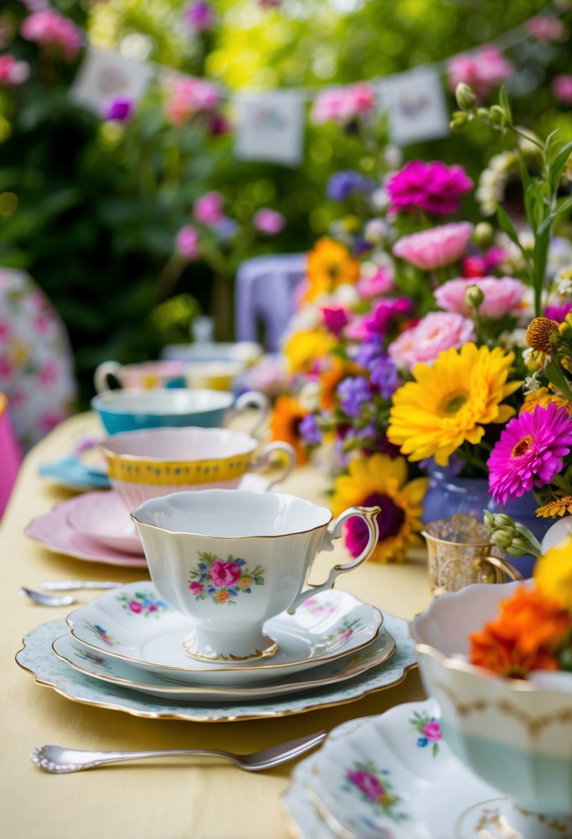 A table set with mismatched teacups, surrounded by colorful flowers and vintage decor for a whimsical garden party aesthetic