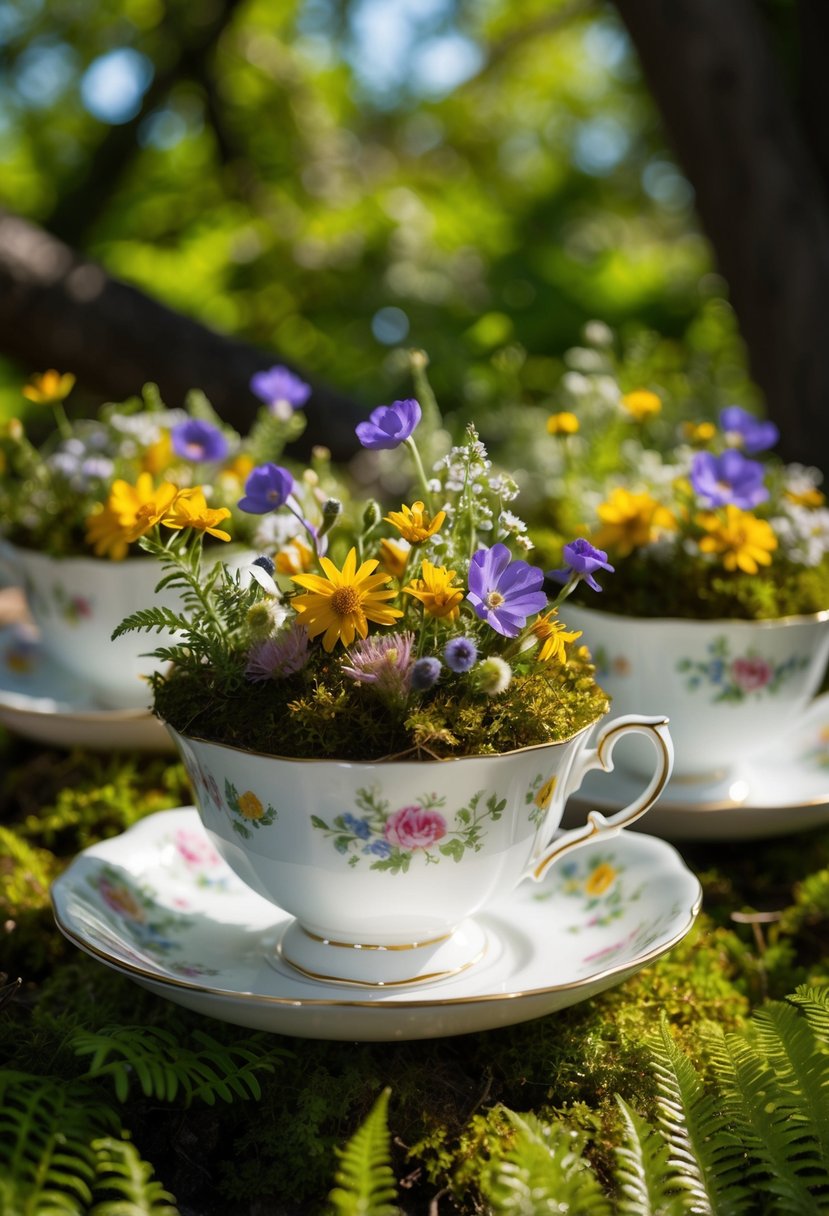 Vintage tea cups filled with wildflowers and nestled among moss and ferns. Sunlight filters through the trees, casting dappled shadows on the delicate arrangements