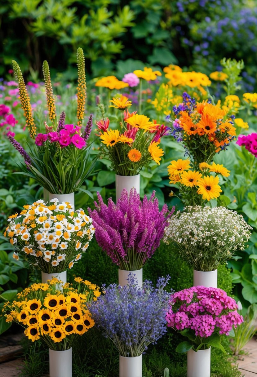 A colorful array of wildflowers arranged in various bouquets, set against a backdrop of lush greenery and blooming garden plants