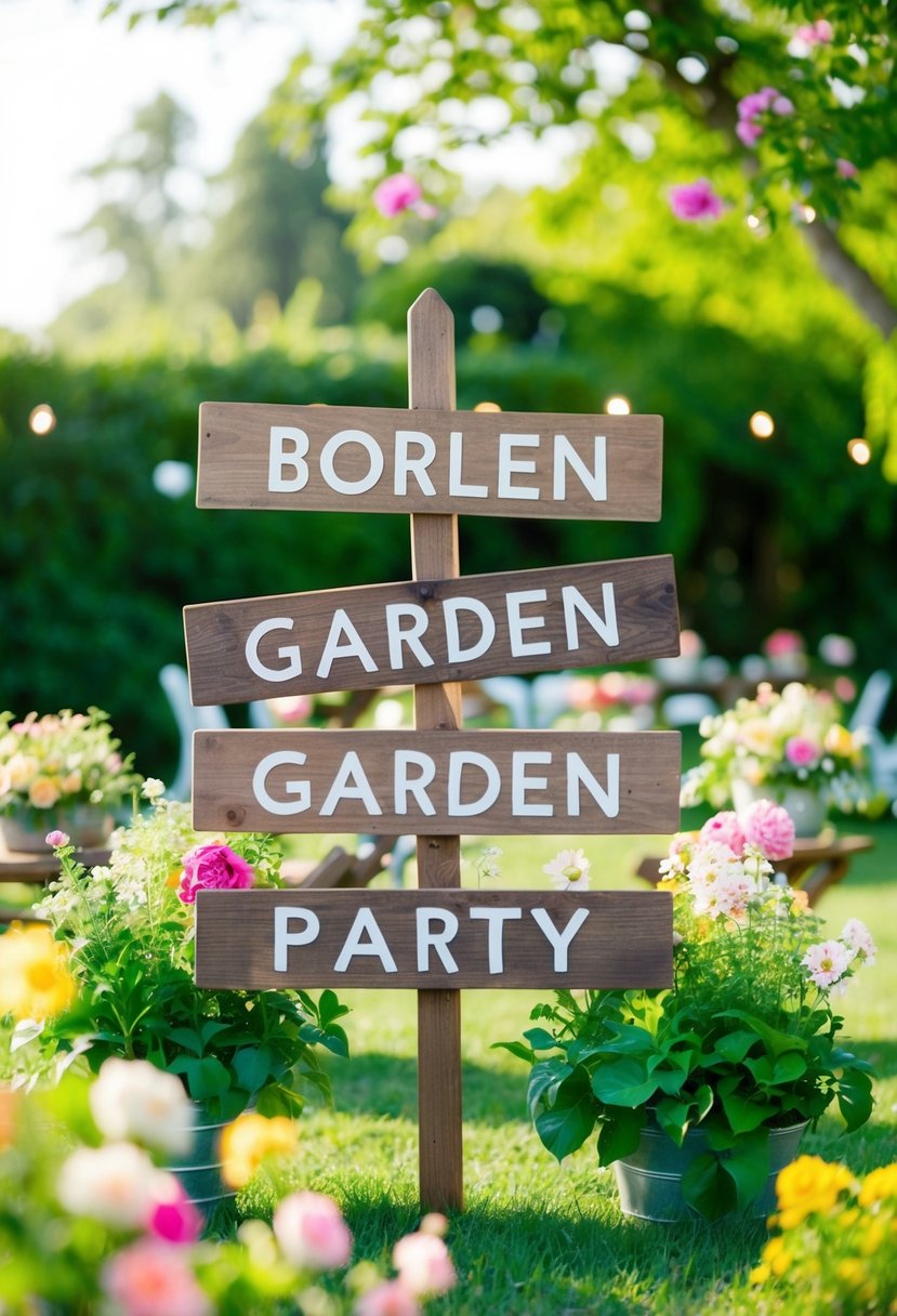 A garden party scene with rustic wooden signs, surrounded by blooming flowers and lush greenery, with a warm and inviting atmosphere