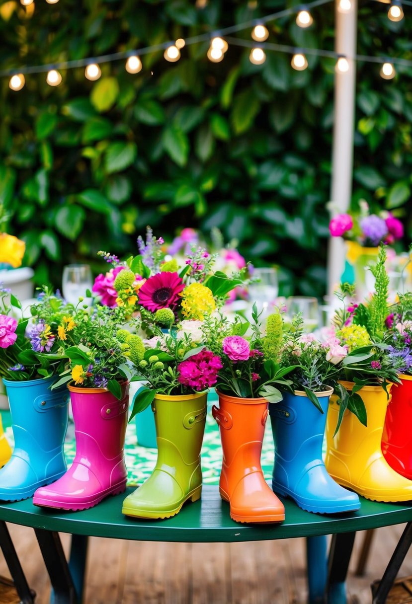 Colorful rainboot vases filled with flowers and greenery, arranged on a garden-themed party table with a backdrop of lush foliage and twinkling string lights
