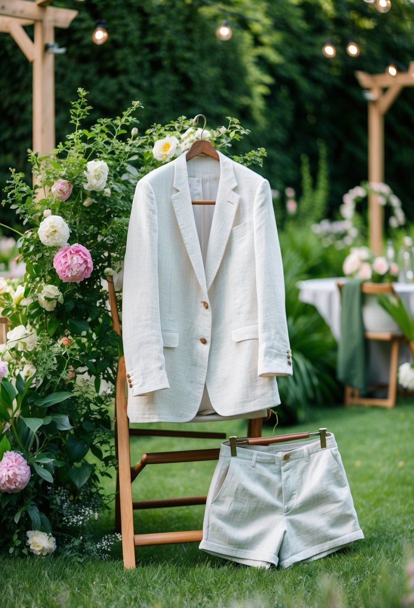 A garden party scene with a linen blazer draped over a chair, next to a pair of stylish shorts, surrounded by lush greenery and blooming flowers