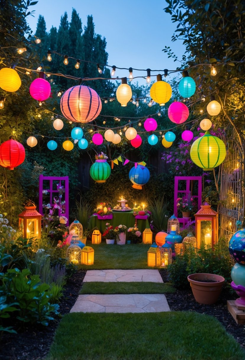A whimsical garden adorned with twinkling fairy lights, colorful lanterns, and whimsical decorations, creating a magical atmosphere for a 3-year-old's party