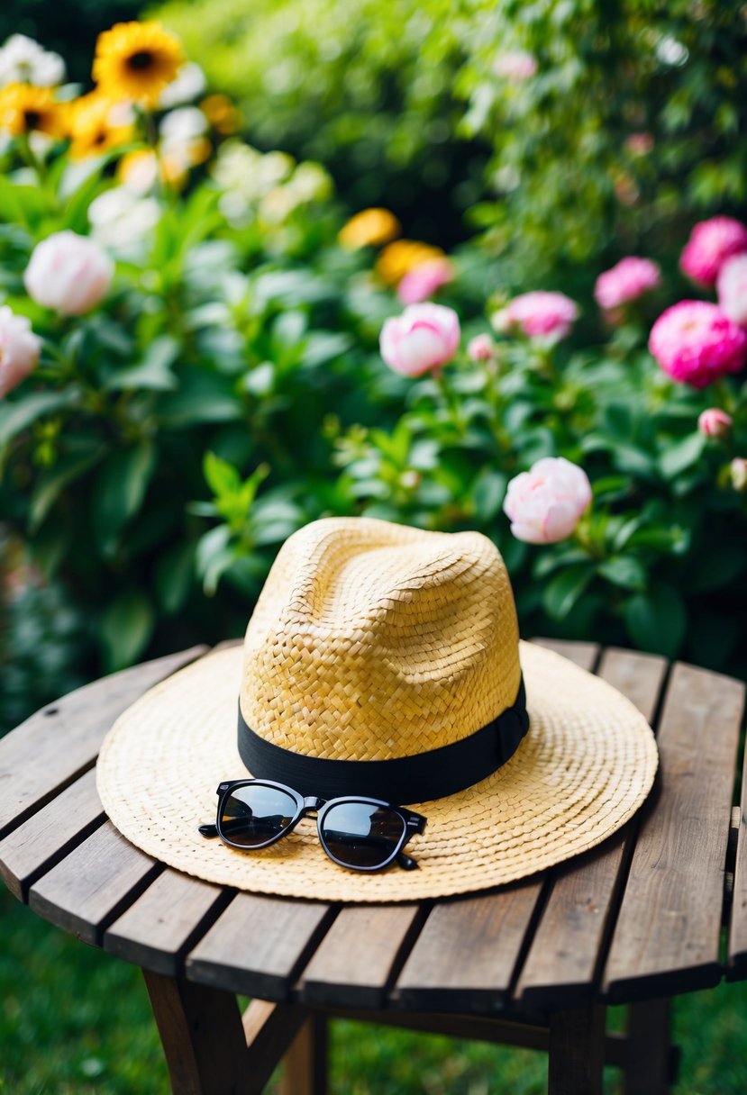 A straw hat and sunglasses sit on a wooden table in a lush garden, surrounded by blooming flowers and greenery
