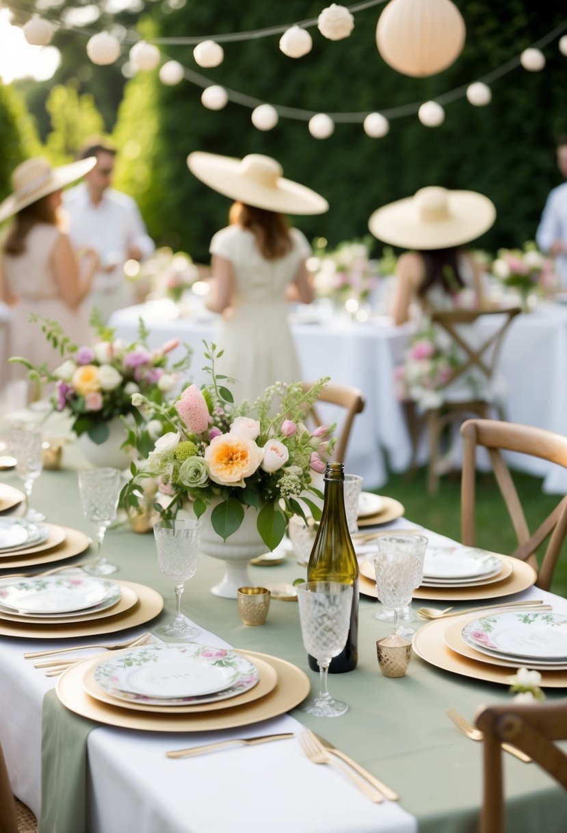 A garden party scene with a table set with wide-brimmed hats, floral decorations, and elegant tableware