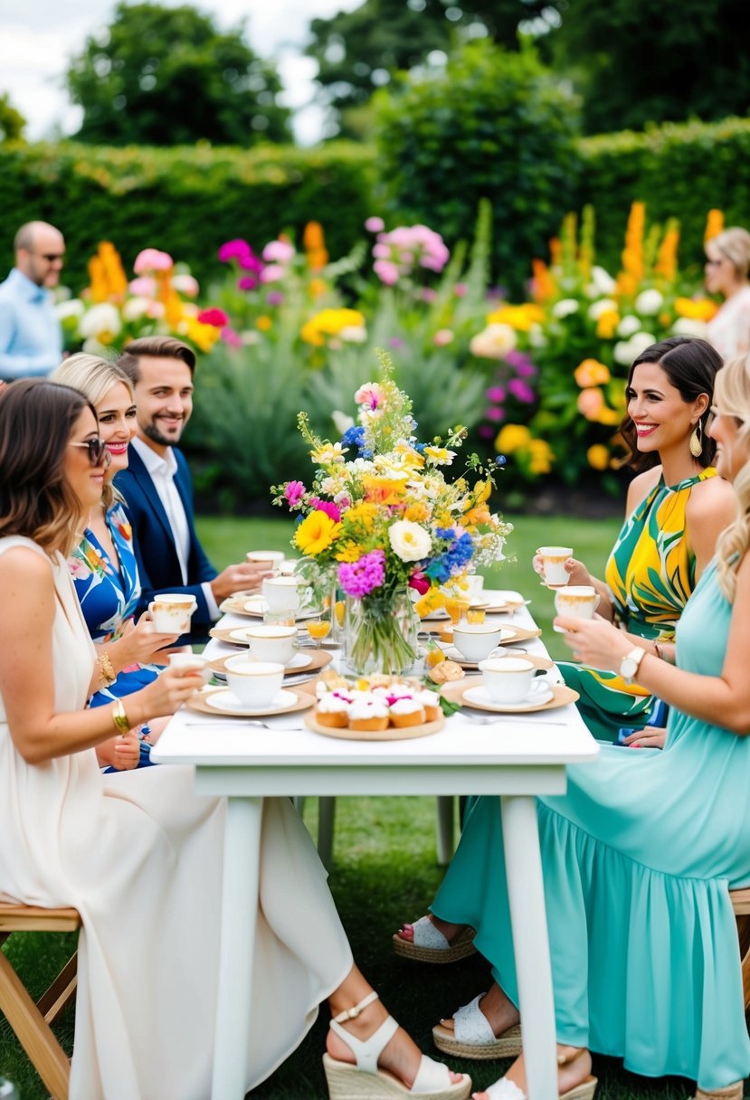 A garden party scene with colorful flowers, a table set with tea and pastries, and guests wearing stylish espadrille wedges and flowy dresses