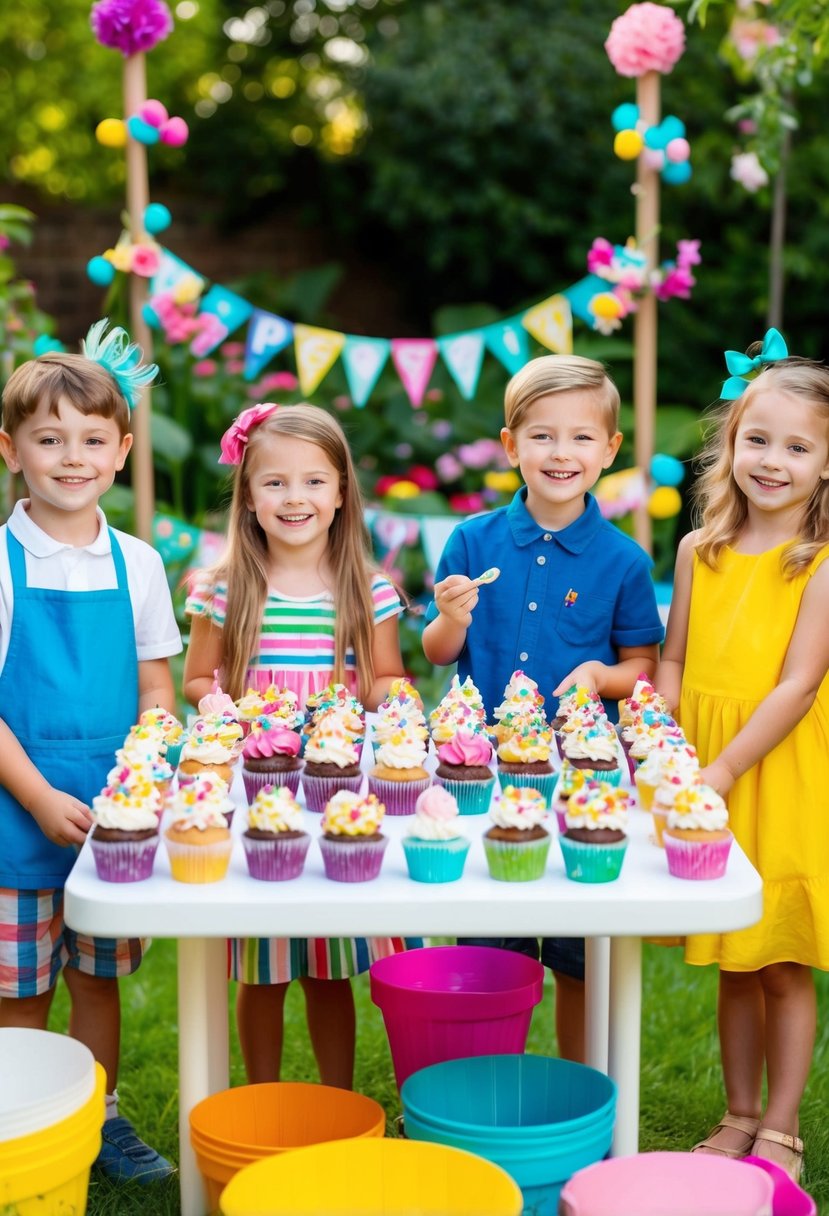 A colorful cupcake decorating station set up in a garden with a variety of toppings and frosting, surrounded by cheerful decorations and happy children