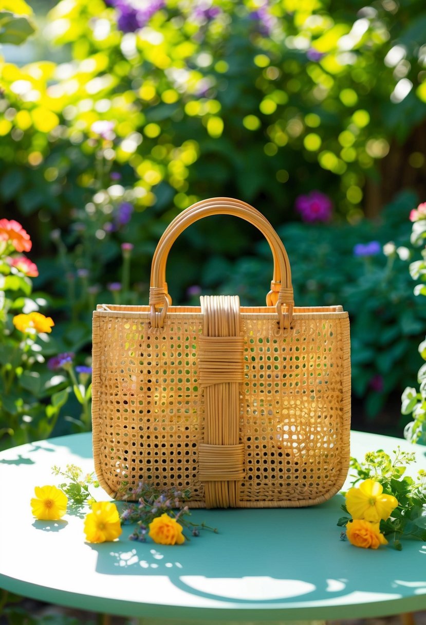A rattan handbag sits on a garden table surrounded by colorful flowers and greenery. Sunlight filters through the leaves, creating a warm and inviting atmosphere