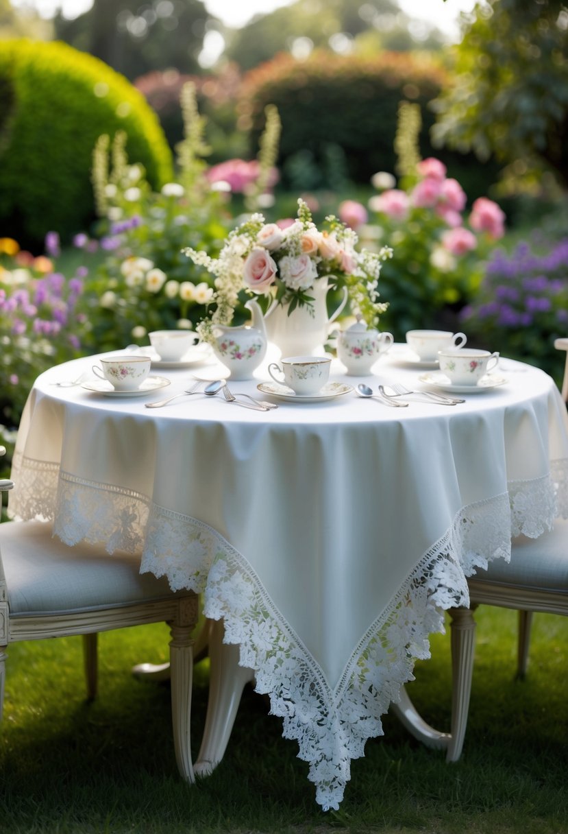 An elegant lace tablecloth drapes over a table in a lush Victorian garden, surrounded by teacups, flowers, and delicate silverware
